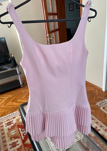 xs Beden Pudra pembe Mini Straplez A-Line volanlı etekli elbise