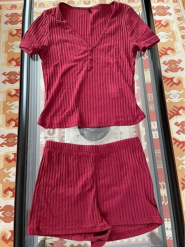 s Beden Bordo pijama takımı şortlu pamuklu
