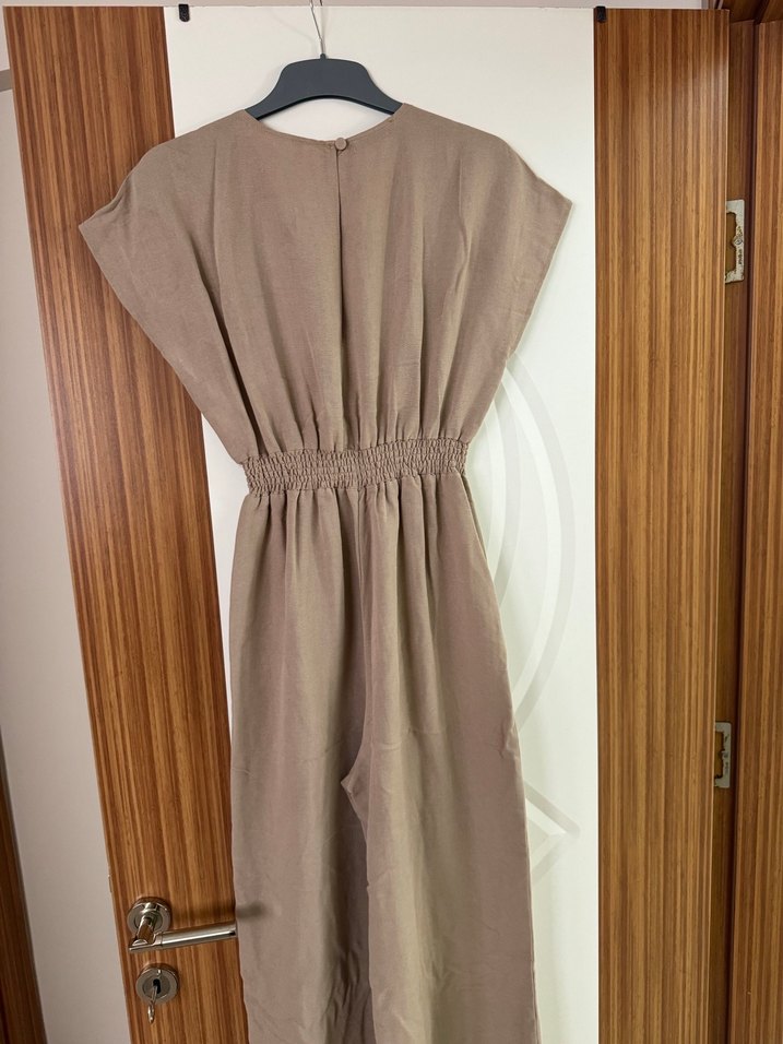 Bej V Yaka Keten Salaş tulum - Görsel 3