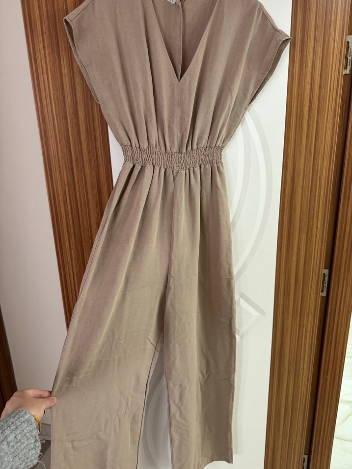 Bej V Yaka Keten Salaş tulum - Görsel 2