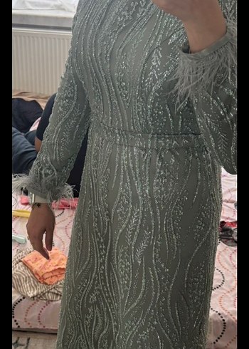 Boncuk İşlemeli Uzun Kollu yeşil Abiye Elbise - Görsel 3