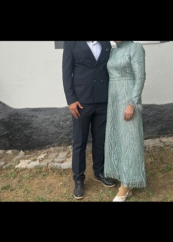 Boncuk İşlemeli Uzun Kollu yeşil Abiye Elbise - Görsel 2