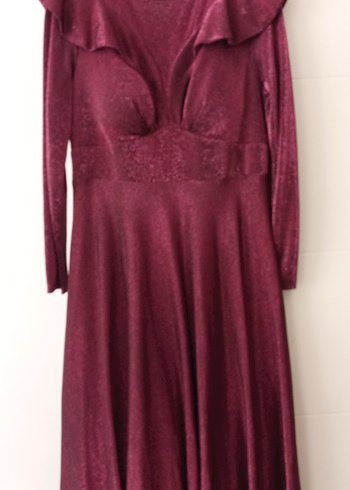 Bordo Uzun Kollu V Yaka Kadın Elbise - Görsel 2