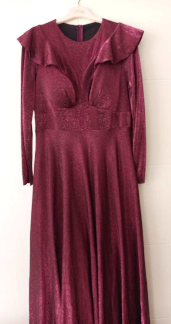 Bordo Uzun Kollu V Yaka Kadın Elbise - Görsel 2