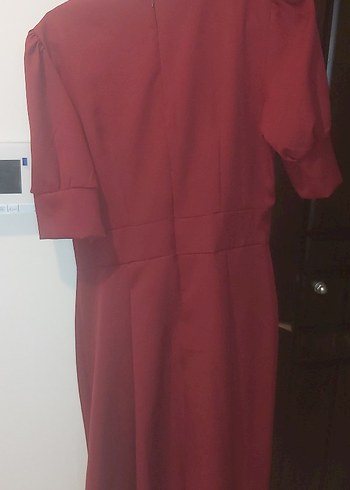 38 Beden Bordo V Yaka Fermuarlı Elbise
