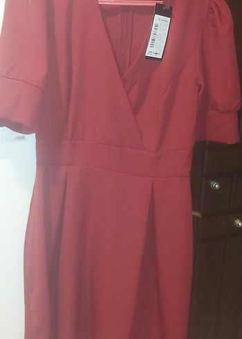 Bordo V Yaka Fermuarlı Elbise - Görsel 5