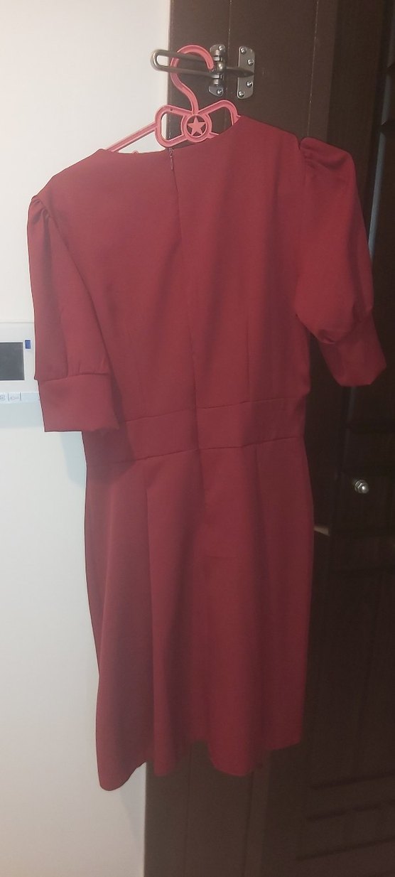 Bordo V Yaka Fermuarlı Elbise - Görsel 3