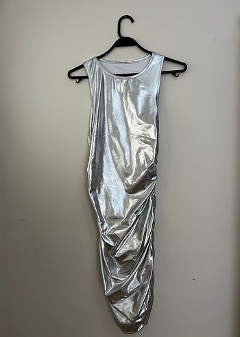 Parlak Metalik Drapeli Mini Elbise - Görsel 3