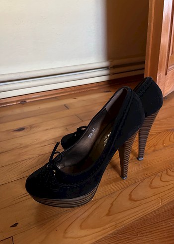 Siyah Süet Bağcıklı Platform Topuklu Stiletto - Görsel 3