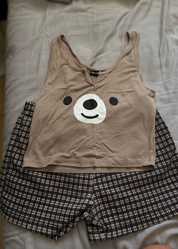 Kahverengi Ayıcık Desenli Pijama Takımı