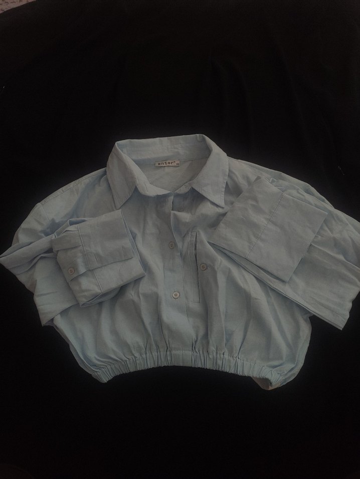 Buz mavisi Düğmeli Uzun Kollu Kadın Gömlek - Görsel 3