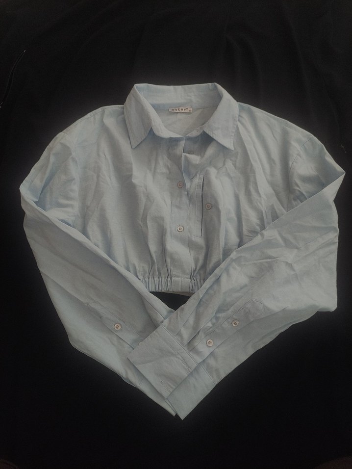 Buz mavisi Düğmeli Uzun Kollu Kadın Gömlek - Görsel 2