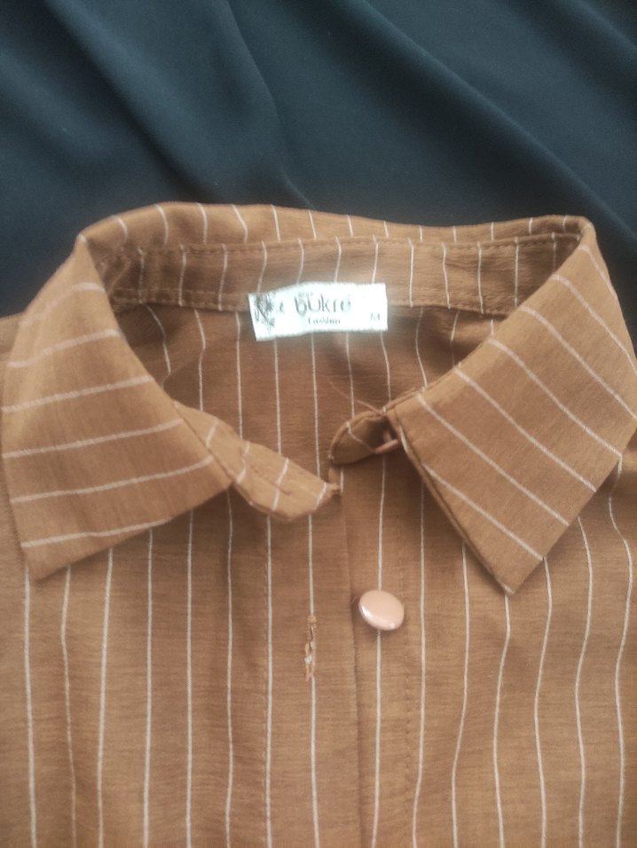 Bej Çizgili Uzun Kollu Kadın Gömlek - Görsel 4