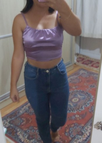 Mor İnce Askılı Denim Crop Top