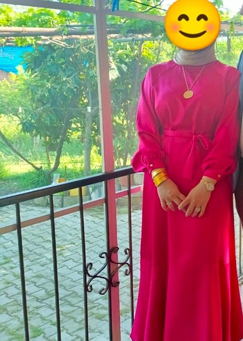 40 Beden pembe Renk Pembe Uzun Saten Elbise, Yüksek Yaka, Salaş Kesim