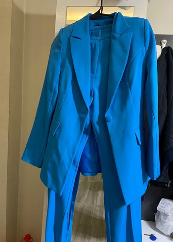 Mavi Düğmeli Kadın Blazer Ceket pantolon takım - Görsel 7