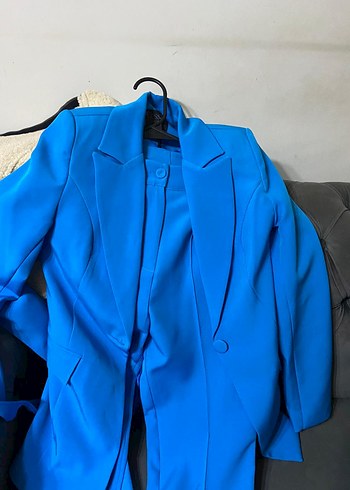 Mavi Düğmeli Kadın Blazer Ceket pantolon takım - Görsel 5