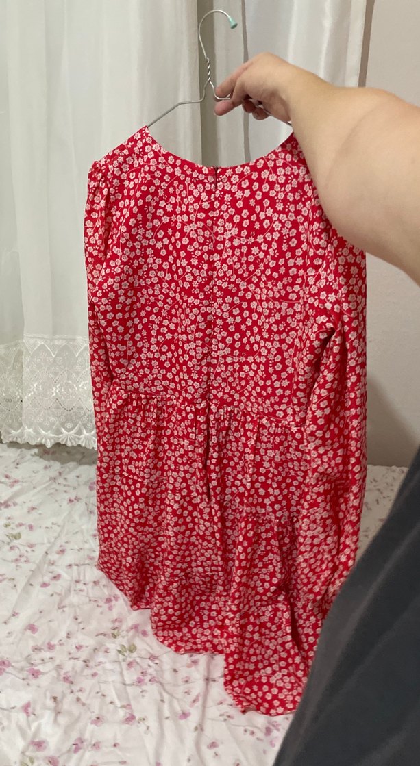 Kırmızı V Yaka Fırfırlı Bohem Elbise - Görsel 4