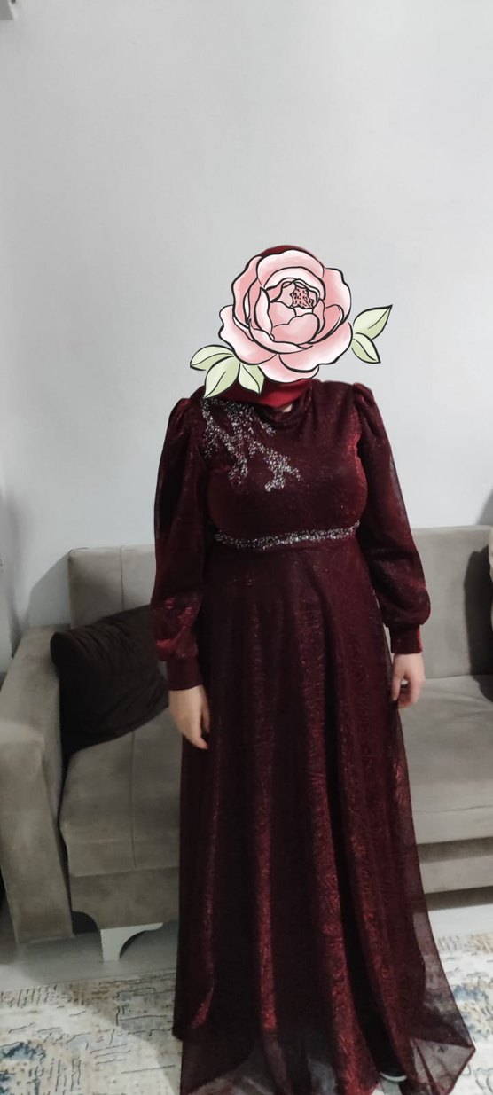 Bordo Uzun Kollu Yüksek Yakalı Abiye Elbise - Görsel 2