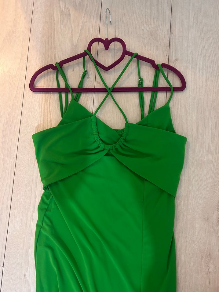 Yeşil Drapeli Uzun Straplez Elbise - Görsel 2