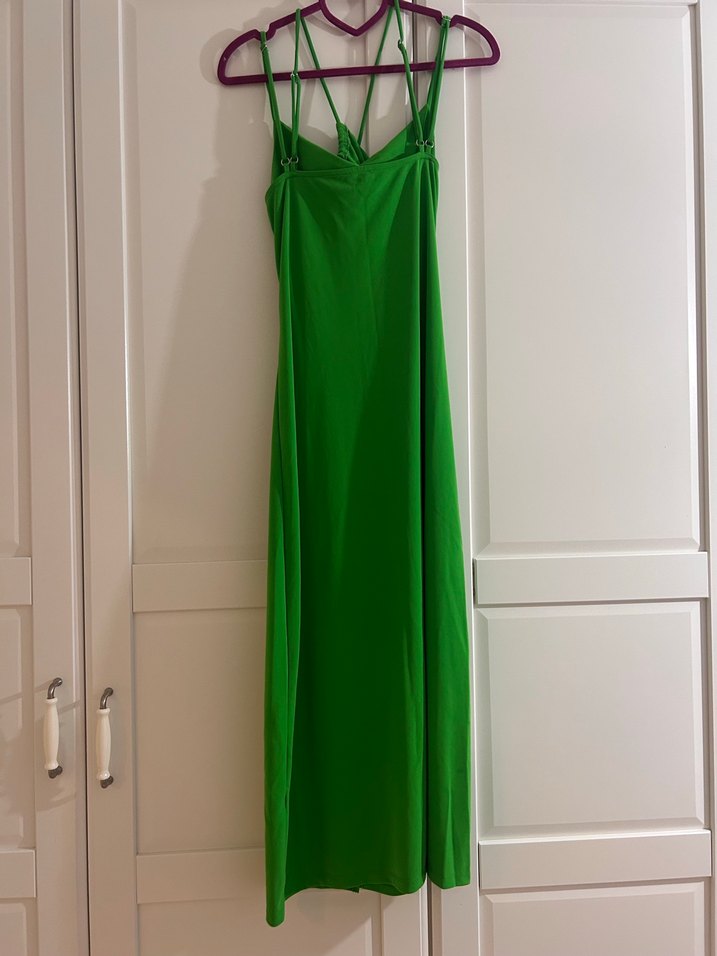 Yeşil Drapeli Uzun Straplez Elbise - Görsel 4