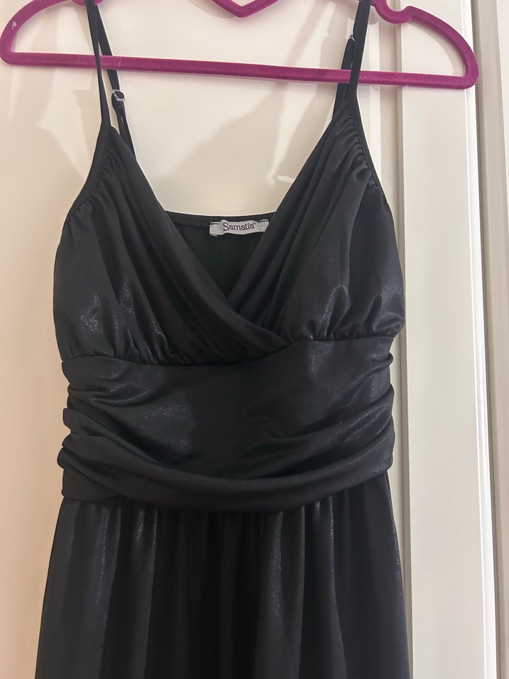 Siyah V Yakalı Drapeli Midi Elbise - Görsel 2