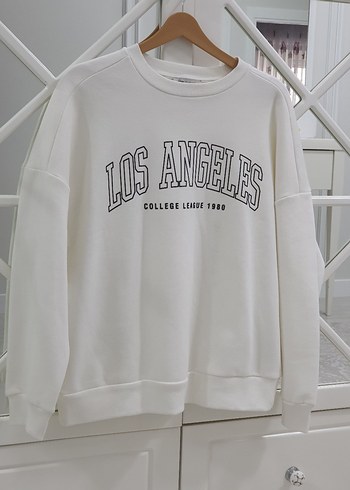 Beyaz Los Angeles Baskılı Pamuklu Sweatshirt