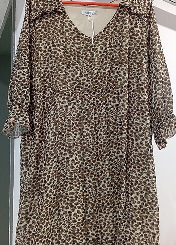 xl Beden camel Renk Leopar desenli elbise