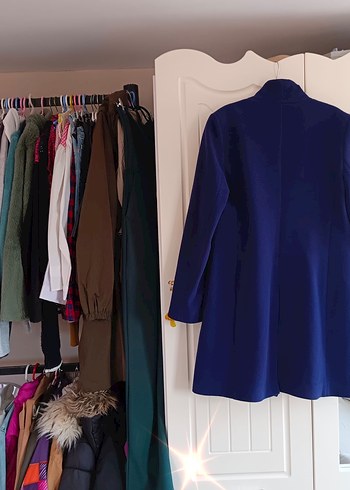 Mavi Düğmeli Kadın kaşe Midi Kaban - Görsel 3