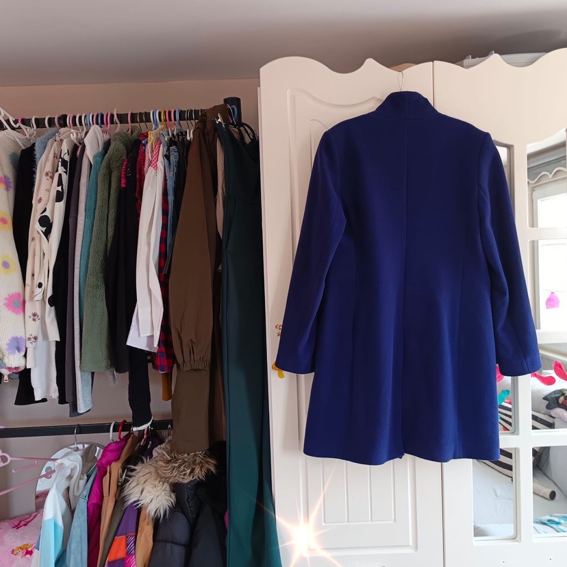 Mavi Düğmeli Kadın kaşe Midi Kaban - Görsel 3