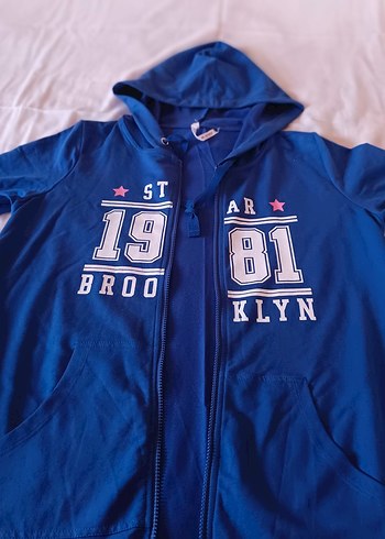 Kapüşonlu, Fermuarlı Mavi Kadın Hırka ince penye sıfır yeni ürün - Görsel 4