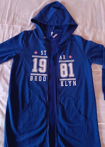 Kapüşonlu, Fermuarlı Mavi Kadın Hırka ince penye sıfır yeni ürün - Görsel 5