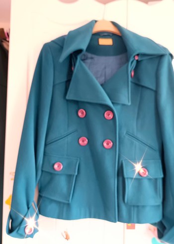 Düğmeli Midi Turkuaz kaşe ceket - Görsel 3