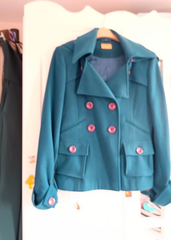 Düğmeli Midi Turkuaz kaşe ceket - Görsel 4