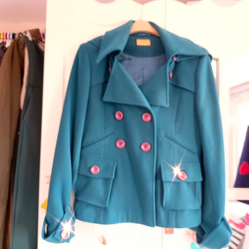 Düğmeli Midi Turkuaz kaşe ceket - Görsel 3