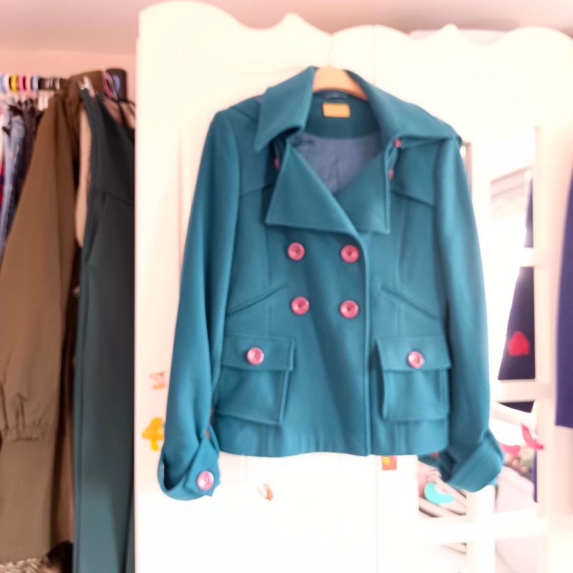 Düğmeli Midi Turkuaz kaşe ceket - Görsel 4