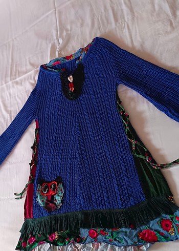 Tasarım Renkli Desenli Bohem Mavi Örgü Triko elbise - Görsel 4