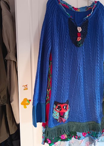 Tasarım Renkli Desenli Bohem Mavi Örgü Triko elbise - Görsel 2