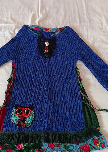 Tasarım Renkli Desenli Bohem Mavi Örgü Triko elbise - Görsel 6