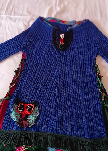 Tasarım Renkli Desenli Bohem Mavi Örgü Triko elbise - Görsel 3