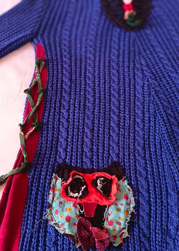 Tasarım Renkli Desenli Bohem Mavi Örgü Triko elbise - Görsel 7