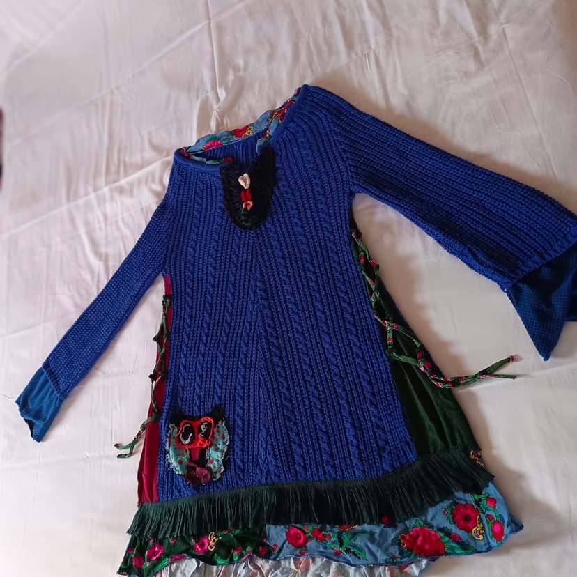 Tasarım Renkli Desenli Bohem Mavi Örgü Triko elbise - Görsel 4