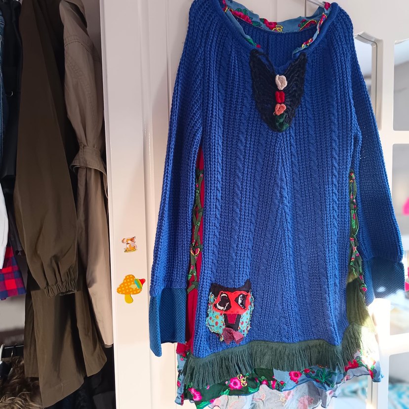 Tasarım Renkli Desenli Bohem Mavi Örgü Triko elbise - Görsel 2