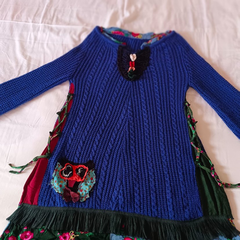 Tasarım Renkli Desenli Bohem Mavi Örgü Triko elbise - Görsel 3