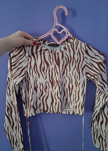 Düğmeli Uzun Kollu Zebra Desenli Crop Belden bağlamalı Bluz