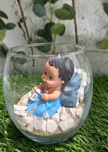 Mavi Pastel bebek Figürlü Cam Fanus Teraryum - Görsel 3