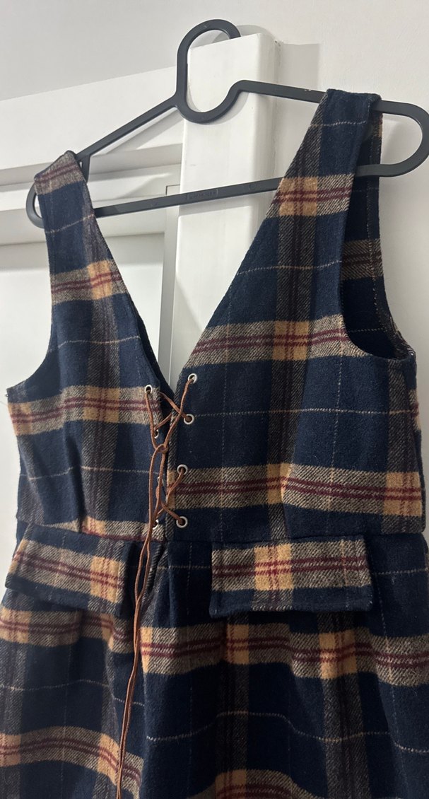 Kareli Bohem Tarzı Yün Mini Elbise - Görsel 3