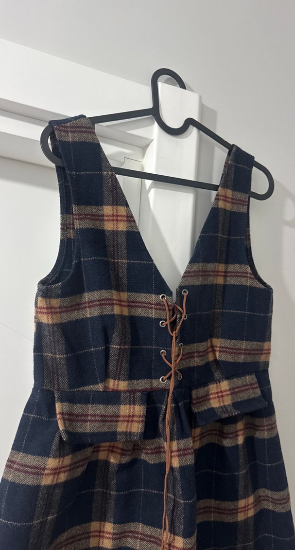 Kareli Bohem Tarzı Yün Mini Elbise - Görsel 2