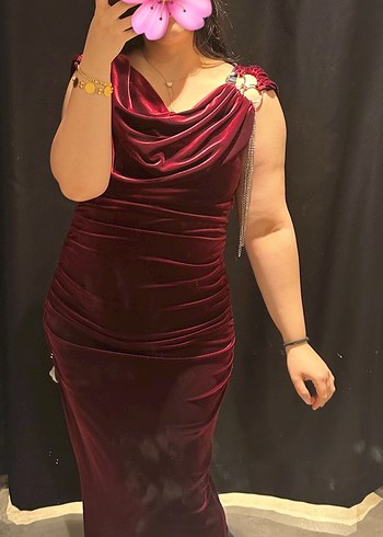 Abiye Bordo Drapeli Uzun Abiye Elbise