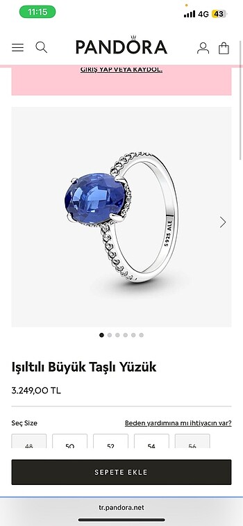 Pandora mavi taşlı yüzük
